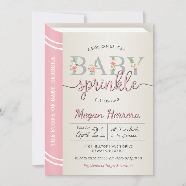 Rosa Storybook Buchbibliothek Baby Girl Sprinkle Einladung (Vorderseite)