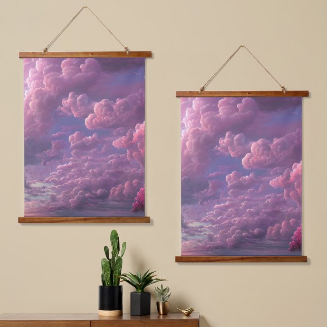 Rosa strahlende Wolken Wandteppich Mit Holzrahmen (Asymmetrisch)