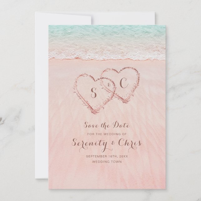 Rosa Strandherzen Save the Date im Sand (Vorderseite)