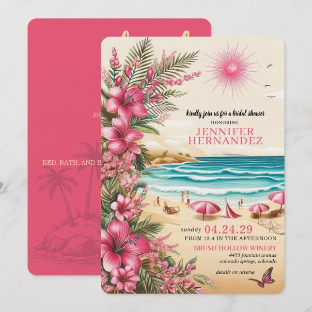 Rosa Strandhochzeitsdusche Einladung (Vorne/Hinten)