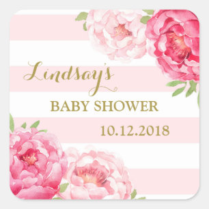 Rosa Streifen Baby-Shower-Geschenkanhänger mit Blu Quadratischer Aufkleber