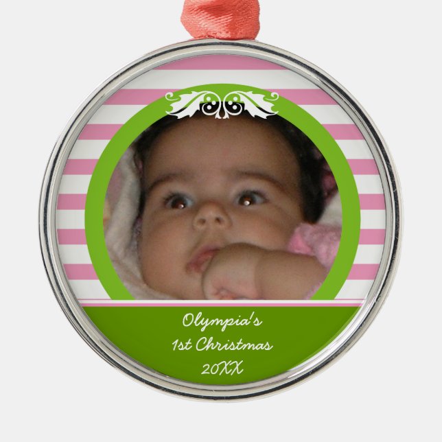 Rosa Streifen Baby's 1. Weihnachts-Foto Ornament (Vorne)