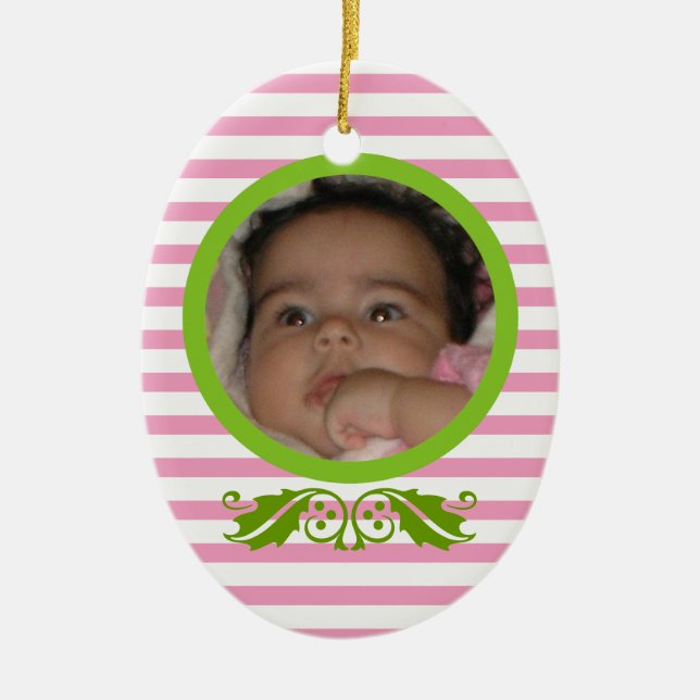 Rosa Streifen Baby's 1. Weihnachts-Foto Ornament (Vorne)