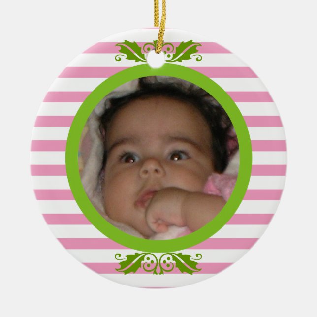 Rosa Streifen Baby's 1. Weihnachts-Foto Ornament (Vorne)