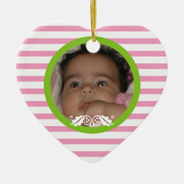 Rosa Streifen Baby's 1. Weihnachts-Foto Ornament (Vorne)
