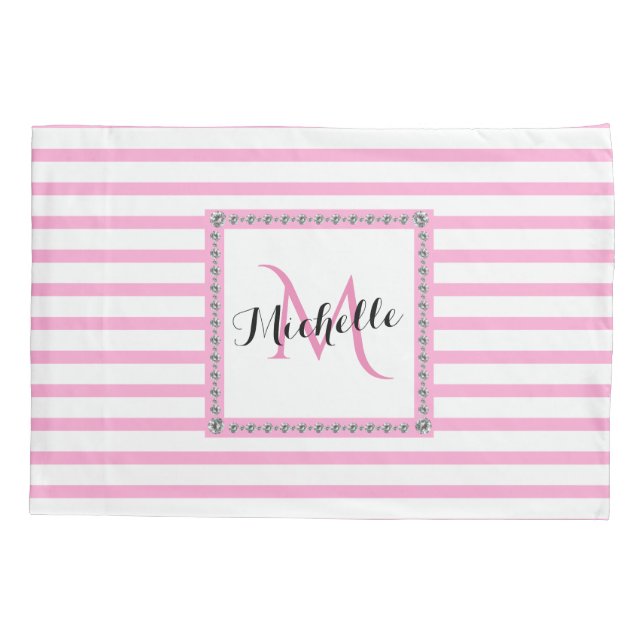 Rosa Streifen Diamantmonogramm | Moderner Trend Kissenbezug (Rückseite)
