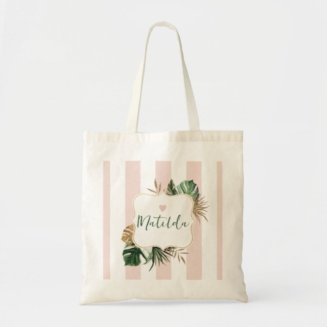 Rosa Streifen elegante tropische Bridesmaid-Name Tragetasche (Vorne)