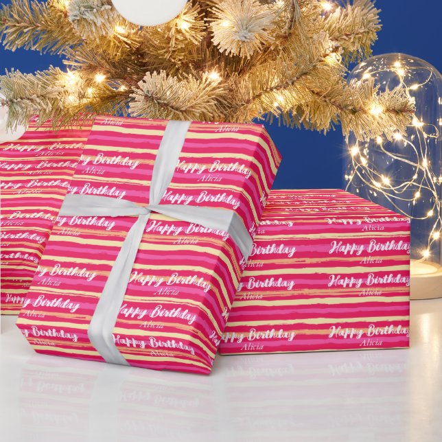 Rosa Streifen farbenfrohe Girly Happy Birthday Geschenkpapier (Feiertage)