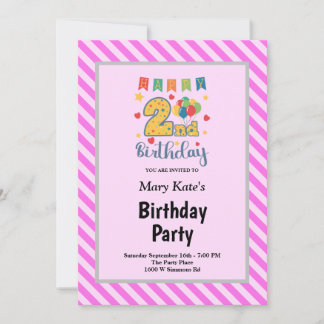 Rosa Streifen Gerahmt 2. Geburtstag Party Einladung