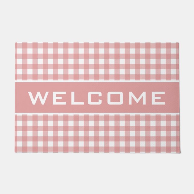 Rosa Streifen Gingham Muster Willkommen Türmchen Fußmatte (Vorderseite)