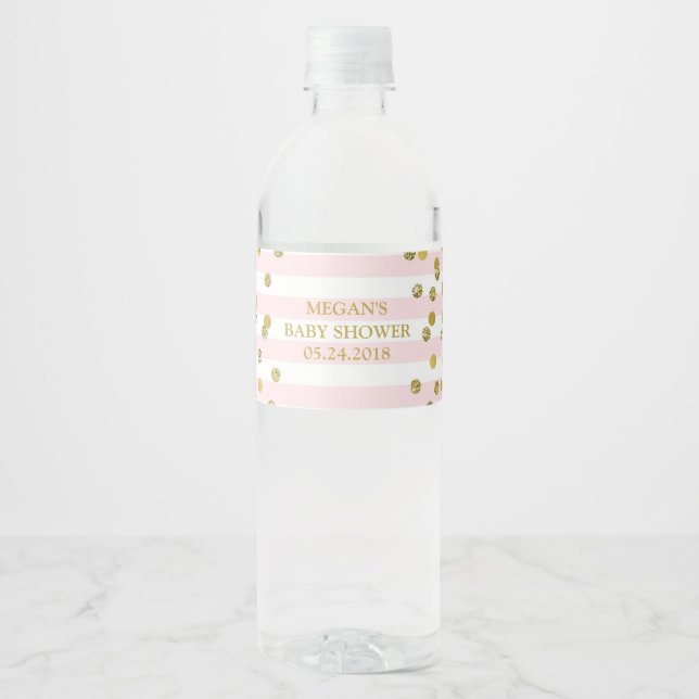 Rosa Streifen Gold Confetti Babydusche Etikett (Vorderseite)