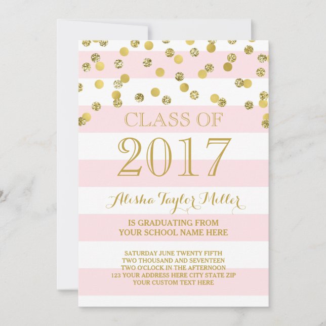 Rosa Streifen Gold Confetti Foto 2017 Abschluss Einladung (Vorderseite)