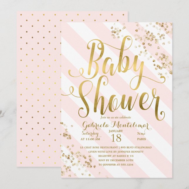 Rosa Streifen Gold Glitzer Confetti Babydusche Einladung (Vorne/Hinten)