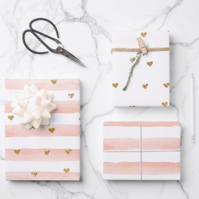 Rosa Streifen Gold Herz Geschenkpapier Set (Vorderseite)