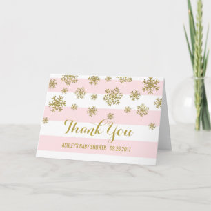 Rosa Streifen Gold Schneeflocken Kinderdusche Dank Dankeskarte
