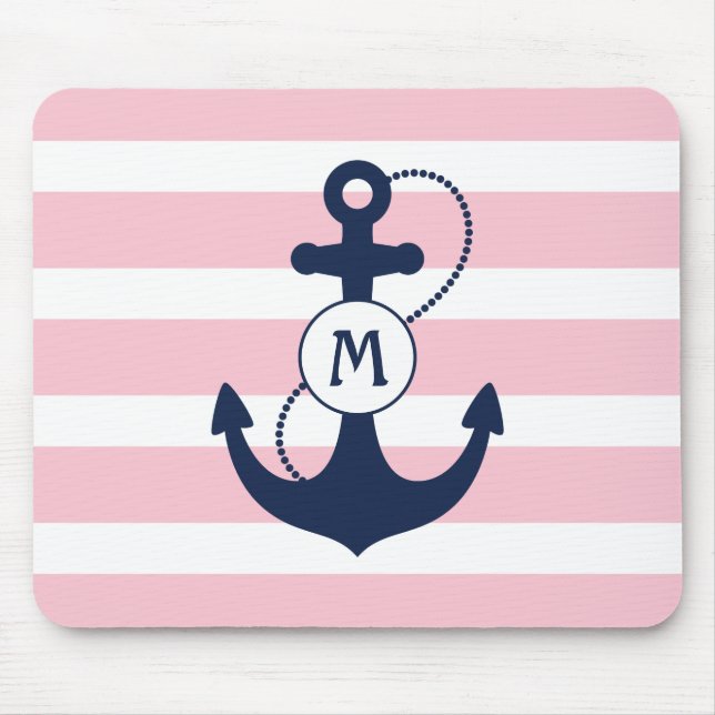 Rosa Streifen mit Seeanker und Monogramm Mousepad (Vorne)