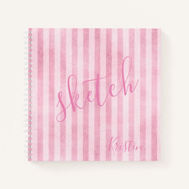 Rosa Streifen Monogram Name Sketchbook Notizbuch (Vorderseite)