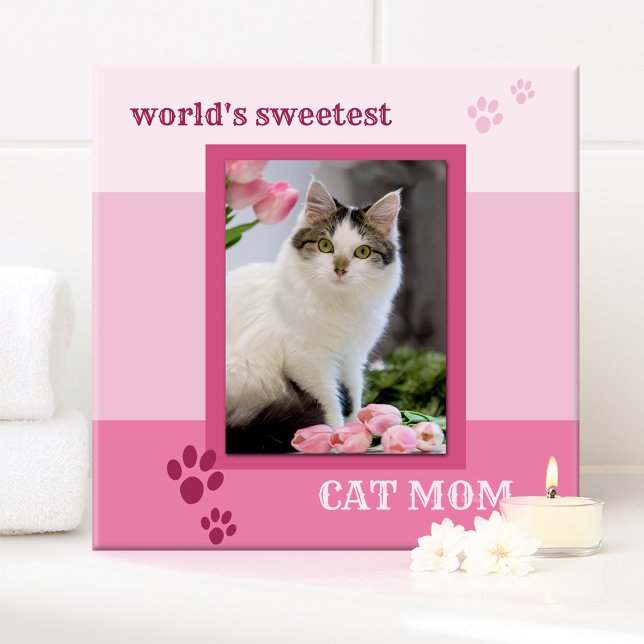 Rosa Streifen Niedliches Cat Foto Tile Fliese (Cute tile featuring a photo of your own favorite kitty framed by a pink striped design with cat paws)