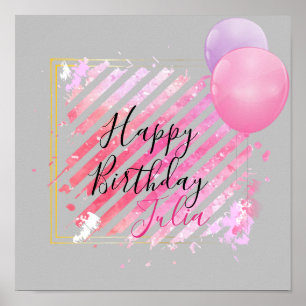 Rosa Streifen Pinselfarbspuren und Ballons Poster
