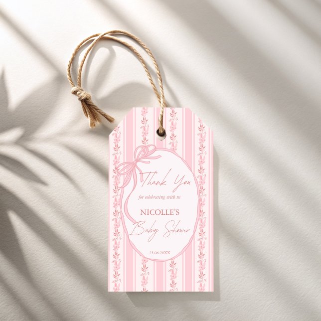 Rosa Streifen Retro-Bug elegante Babydusche Gefall Geschenkanhänger (Pink stripes coquette bow retro elegant baby shower personalized favor gift tags)