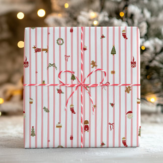Rosa Streifen Retro Süße Weihnachts-Icons Geschenkpapier