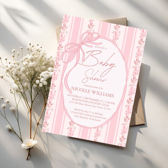 Rosa Streifen Retrobun Ränder elegante Babydusche Einladung (Grand millennial Pink stripes retro bow border elegant baby shower invitation cards template)