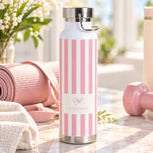 Rosa Streifen & Schleife mit individuellem Namen i Trinkflasche