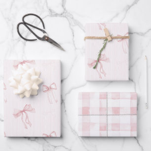 Rosa Streifen Schleifen Karierter Streifen Geburts Geschenkpapier Set