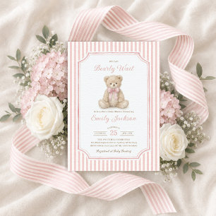 Rosa Streifen Teddybär Mädchen Baby Shower Einladung