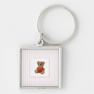 Rosa Streifen - Teddybär mit Walentiner Herz Schlüsselanhänger