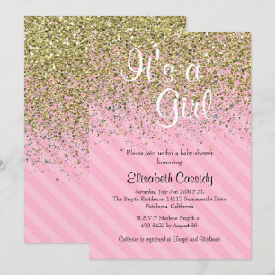 Rosa Streifen u. GoldGlitzer-Baby-Dusche laden ein Einladung