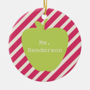Rosa Streifen u. grüner Apple-Lehrer Keramik Ornament