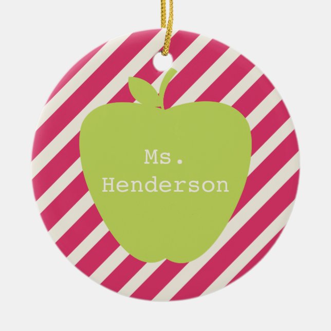 Rosa Streifen u. grüner Apple-Lehrer Keramik Ornament (Vorne)