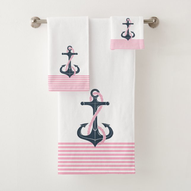 Rosa Streifen und Anker für Wasserfahrzeuge in bla Badhandtuch Set (Insitu)