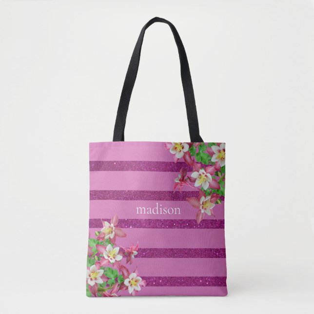 Rosa Streifen und Blume Personalisiert Tasche (Vorderseite)