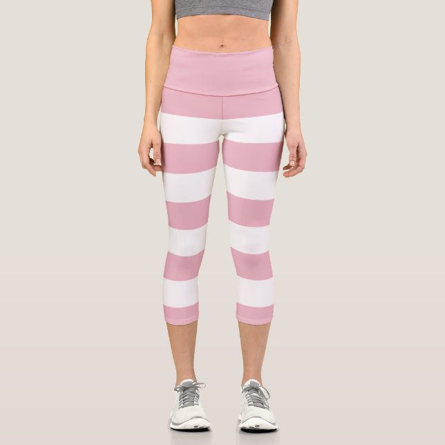 Rosa Streifen, weiße Streifen, gestreiftes Muster Capri Leggings (Vorderseite)