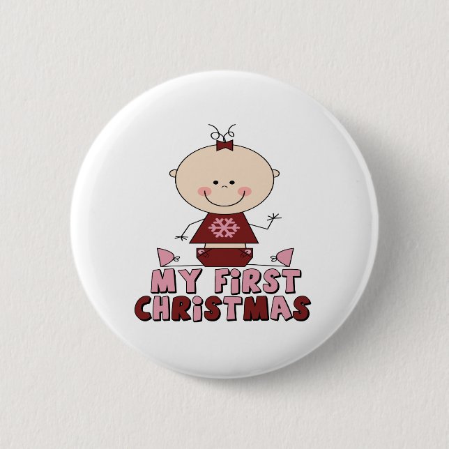 Rosa Strichmännchen-Mädchen-erstes Weihnachten Button (Vorderseite)