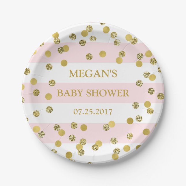 Rosa Stripes Goldconfetti-Babyparty-Platte Pappteller (Vorderseite)