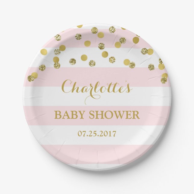 Rosa Stripes Goldconfetti-Babyparty-Platte Pappteller (Vorderseite)