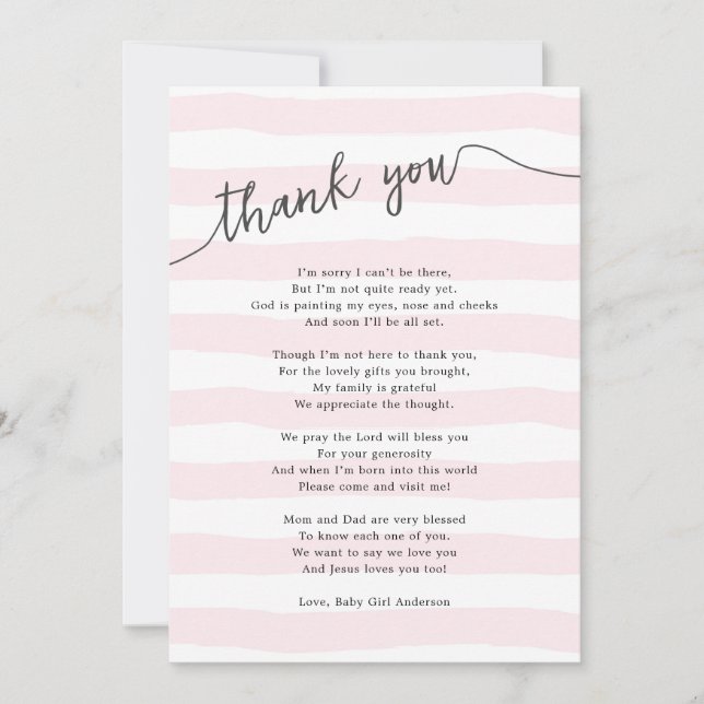 Rosa Stripes Mädchen-Babyparty-Gedicht Dankeskarte (Vorderseite)