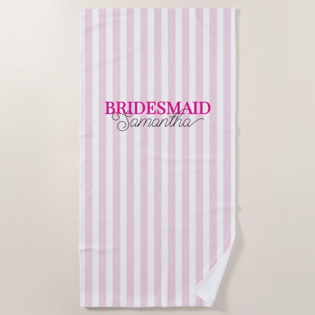 Rosa Stripter Personalisierter Skriptname Bridesma Strandtuch (Vorderseite)