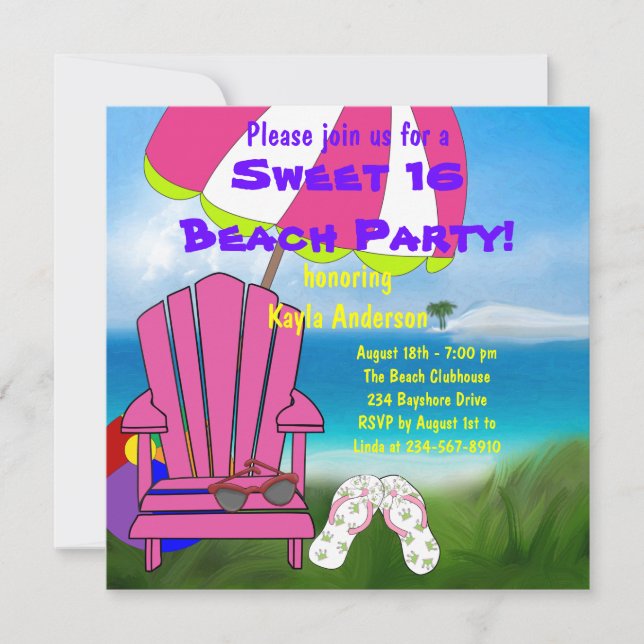 Rosa Stuhl Flip Flops Sweet 16 Beach Party Einladung (Vorderseite)