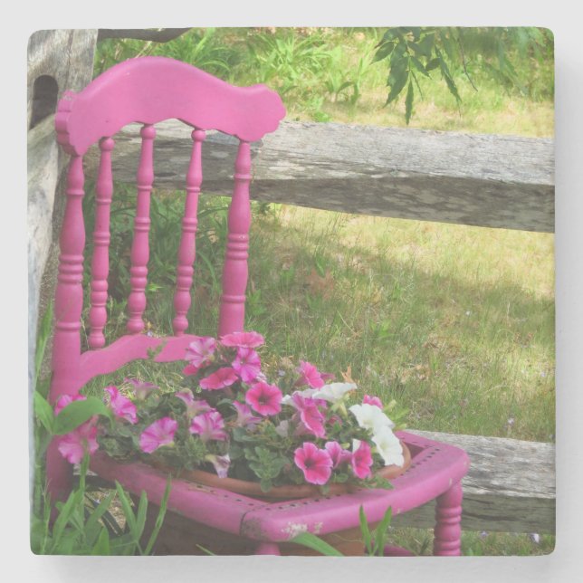 Rosa Stuhl und Blume - Martha's Vineyard Steinuntersetzer (Vorderseite)