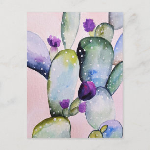 Rosa Südwestkaktus Lila Blume Wasserfarben Kunst, Postkarte