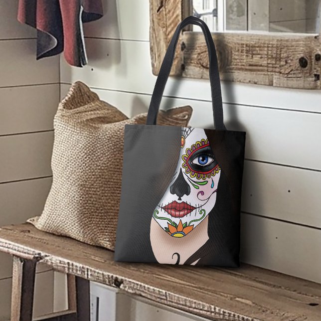 Rosa Sugar Skull Portrait Tasche (Von Creator hochgeladen)