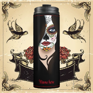 Rosa Sugar Skull Portrait Thermosbecher