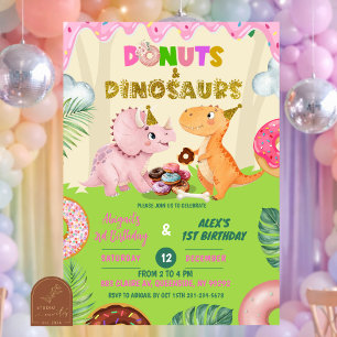 Rosa süße Donut- und Dinos-Joint-Geburtstag Einladung
