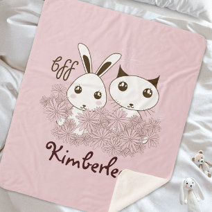 Rosa süßes Kätzchen und Häschen Tier Freunde Kinde Sherpadecke