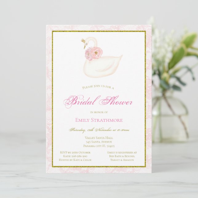 Rosa Swan Einladung, Brautparty, Babydusche Einladung (Stehend Vorderseite)