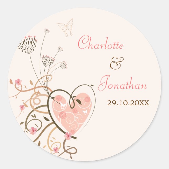 Rosa Sweet Heart Butterfly Wirbel Hochzeitsticker Runder Aufkleber (Vorderseite)
